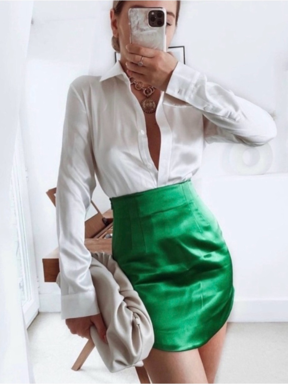 Zara High-Waist Emerald Satin Mini Skirt